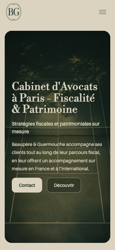 Version mobile du site BG Avocats, avec navigation et présentation adaptées au téléphone.